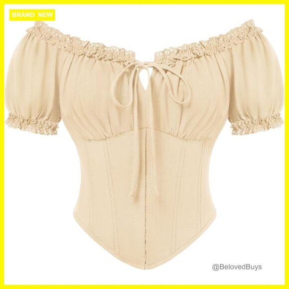 Tops - Cotton Corset Top Renaissance Off Shoulder Blouse Lace Up Vintage